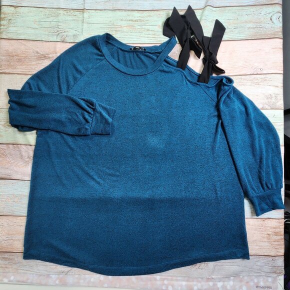 Lane Bryant Cold Shoulder Turquoise Plus Size 18 Sweater Black Ribbon Accent - Picture 6 of 8